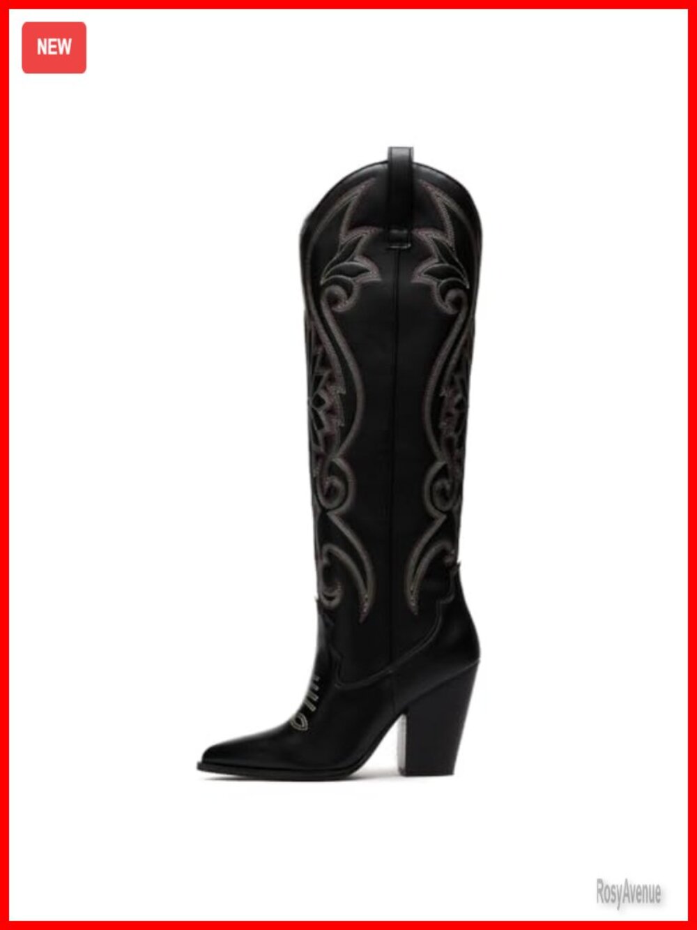 Pointed Toe Knee High Chunky Heel Pull-On Embroidered Western Cowboy Boots